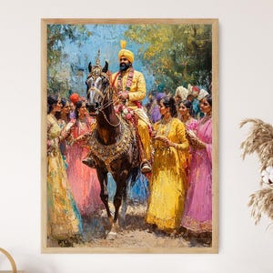 May include: A framed painting depicts a man in a yellow turban and attire riding a decorated black horse, surrounded by women in colorful traditional clothing. The artwork has a vibrant, painterly style, with a focus on the figures and their attire.