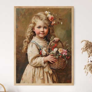 Sweet Little Victorian Girl Holding a Basket of Flowers – Elegant Maud Humphrey Inspired Print
