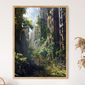 Post-apocalyptische stedelijke kunstprint, opvallende dystopische scène, creatief woonruimtedecor, cadeau voor fantasyfans