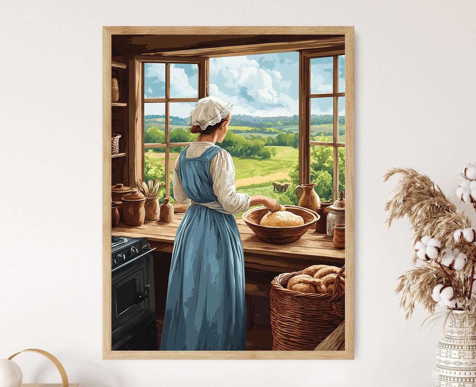Amish Kitchen Illustration, Fresh Bread Baking, Traditional Country Home