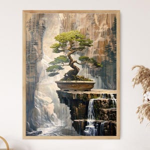 May include: A framed painting of a bonsai tree in a pot, set against a backdrop of a rocky cliff with a waterfall cascading down. The tree has lush green foliage and is positioned on a ledge overlooking the waterfall.