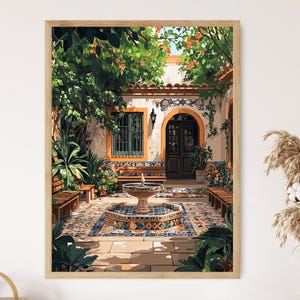 Impresión de arte de decoración de patio chileno, cartel de Azulejos y Fuente, ilustración de patio cultural