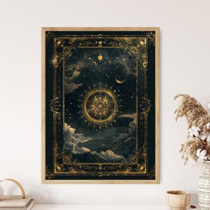 Impresión de ilustración de la Rueda de la Fortuna del Tarot, elegante obra de arte ocultista, creador de ambiente espiritual, regalo de adivino