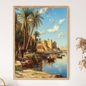 May include: A painting of a landscape with a river, palm trees, and a building in the background. The river is calm and reflects the sky. The palm trees are tall and slender, with lush green leaves. The building is a light brown color and has a flat roof. The painting is framed in a wooden frame.