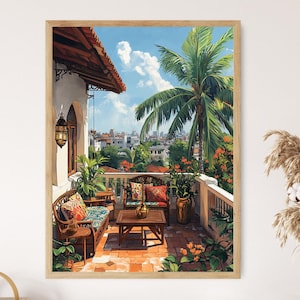 May include: A balcony overlooking a city skyline. The balcony features a wooden railing and a set of wicker furniture with colourful cushions. A palm tree grows in the foreground, and the sky is blue with white clouds.