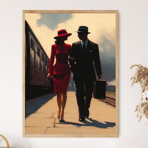 Stampa artistica romantica con treno d'epoca, poster di coppia elegante che cammina, decorazione da parete con scena di binario retrò, illustrazione di viaggio in stile anni '40