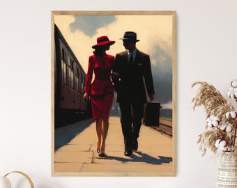 1940s Romance Art Print: Vintage Couple, Train Platform Scene
