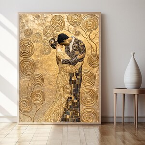 Klimt Inspired Embrace Art Print, Golden Geometric Patterns and Floral