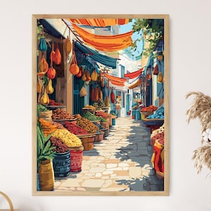 Tunisian Market Art Print, Vibrant Souk and Handcrafted Goods