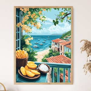 May include: A framed art print shows a coastal scene with a view of the sea, boats, and buildings with red tile roofs. A table in the foreground displays sliced mangoes, a bowl of rice, and a basket of mango chunks. Yellow flowers and green foliage frame the view.