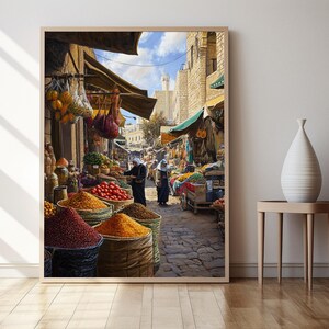 May include: A colorful painting of a bustling marketplace in the Middle East. The scene features a variety of spices, fruits, and vegetables displayed in baskets and stalls. People are walking through the market, some carrying bags of goods.