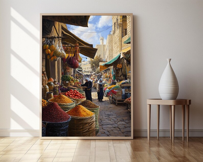 May include: A colorful painting of a bustling marketplace in the Middle East. The scene features a variety of spices, fruits, and vegetables displayed in baskets and stalls. People are walking through the market, some carrying bags of goods.