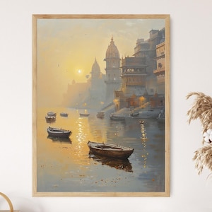 Arte del fiume Gange sereno all'alba, manifesto culturale indiano