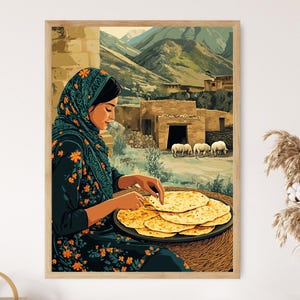 Stampa artistica di donna afghana che cucina Bolani, cucina tradizionale all'aperto, scena di villaggio rustico