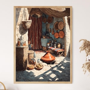 Berber Tent Kitchen Painting, Nomadic Cooking Corner Poster, North African Art Print