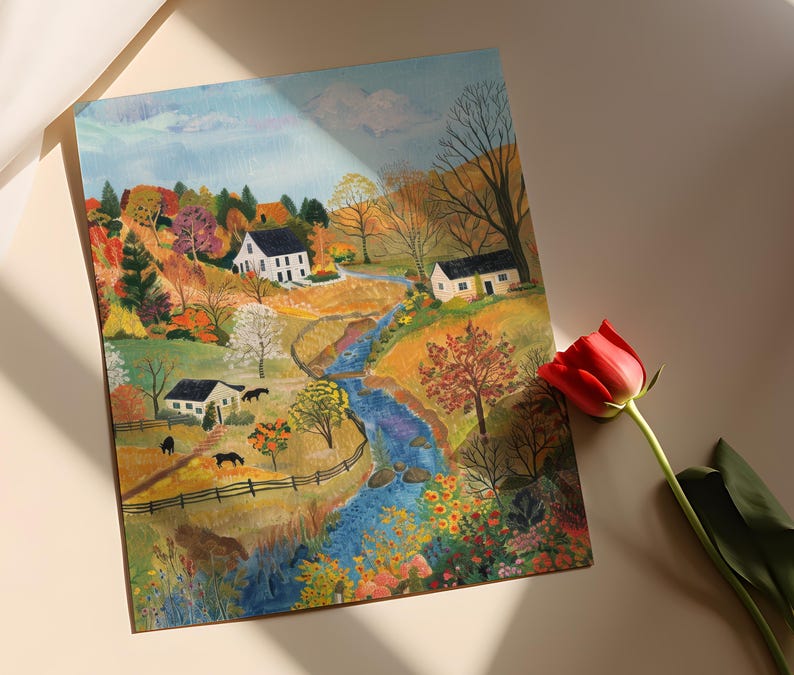 Charming Rural Landscape Print - Grandma Moses Inspired Art image 2