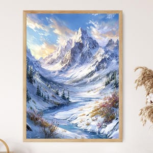 May include: A snowy mountain landscape painting with a winding river flowing through the valley. The mountains are covered in snow and the sky is a bright blue with white clouds.