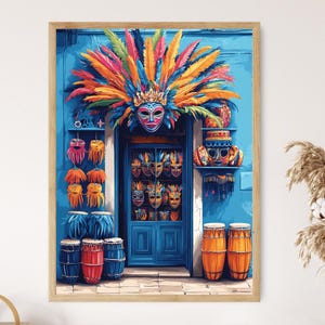 Affiche de la boutique de costumes de carnaval, impression d'art de vitrine du festival de Rio, scène de célébration vectorielle plane au Brésil
