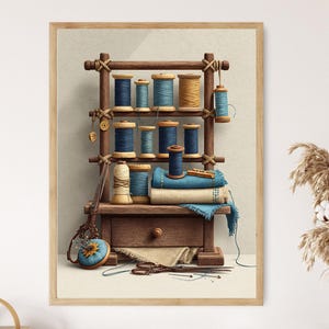 インディゴ糸巻きラック、素朴な裁縫スタジオ、ファインアートプリント