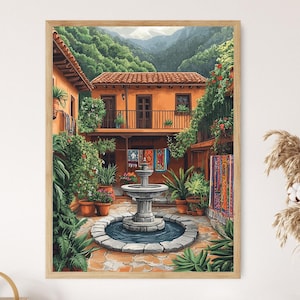Pode incluir: Uma impressão emoldurada de uma cena de pátio com um edifício de estuque laranja, uma fonte e vegetação exuberante. A obra de arte retrata um pátio tradicional em estilo espanhol com uma fonte no centro e plantas em vasos.