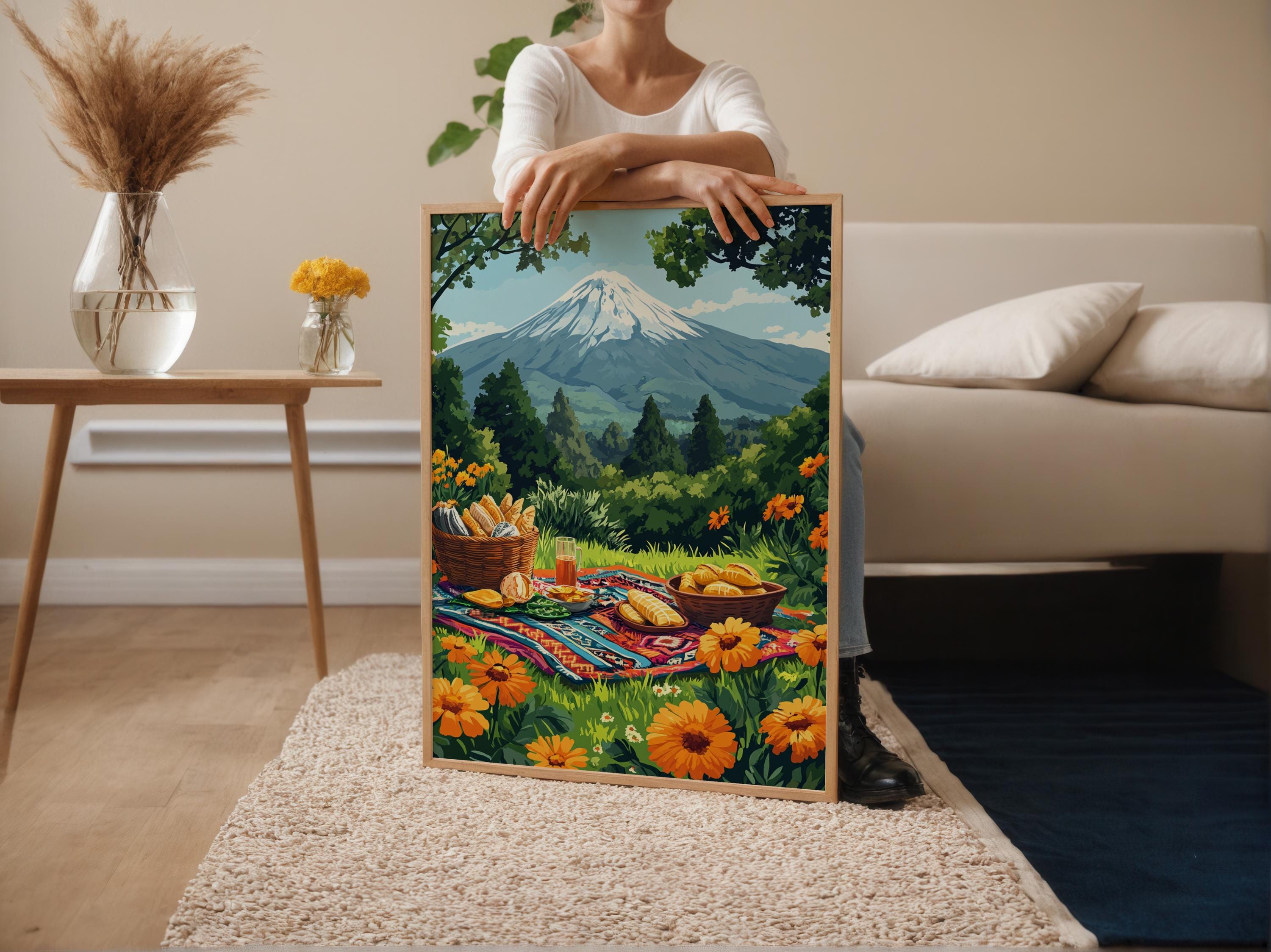 Popocatépetl Volcano Picnic Art Print, Mexican Nature Scene
