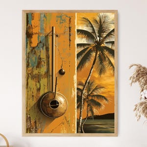 May include: Framed art print featuring a vintage-style musical instrument and a tropical sunset scene. The artwork has a warm color palette with shades of orange, yellow, and brown. The instrument is a round, brass-colored object with a dark sphere hanging from it.