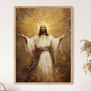 May include: A framed painting depicts a figure with long brown hair and a beard, wearing a white robe and a brown sash. The figure has outstretched arms, and a golden halo radiates from behind the head. The artwork has a warm, earthy color palette.