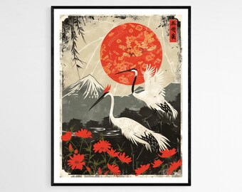 花札アートプリント：日本の鶴と花のデザイン - Etsy 日本