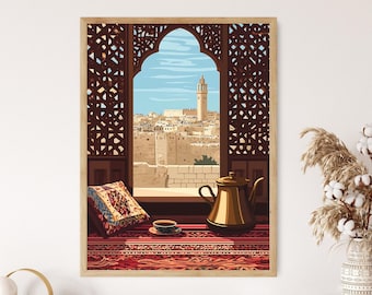 May include: A framed print depicting a Middle Eastern scene. The artwork features a view through a decorative window, showcasing a cityscape with a prominent tower. A teapot, teacup, and patterned pillow rest on a red rug.