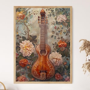 Detailed Sarangi with Floral Background Art, Traditional Indian Musical Instrument Painting