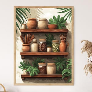 May include: A framed print featuring three wooden shelves filled with various jars, pots, and decorative items. The shelves are surrounded by green leafy plants, creating a natural and inviting aesthetic. The color palette includes warm browns, greens, and beige.