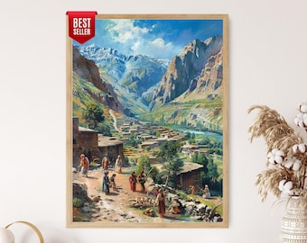 May include: A framed print of a landscape painting featuring a village nestled in a valley between towering mountains. The artwork depicts figures in traditional clothing, with a river winding through the scene. The sky is blue with clouds, and the frame is a light wood color.