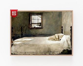 Andrew Wyeth Master Bedroom Print, Dog Sleeping in Bed, Vintage