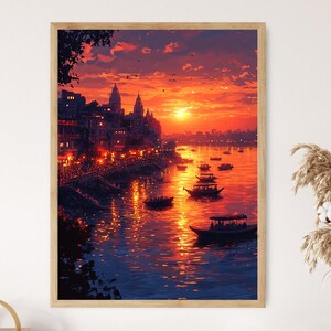 Peut inclure: Une peinture d'un horizon urbain au coucher du soleil avec des bateaux sur l'eau. La ville est silhouettée contre le ciel orange et rose. L'eau est d'un bleu profond et reflète les couleurs du ciel.
