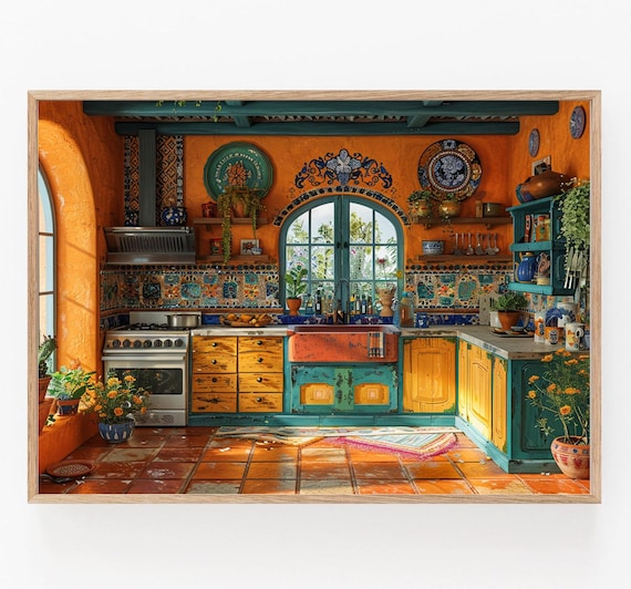 メキシコのキッチンアート、活気に満ちたカラフルな伝統的なシーン