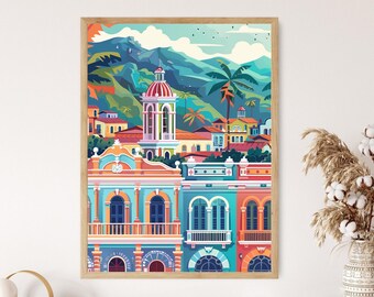 Stampa artistica del fascino coloniale di Sucre, architettura storica e facciate colorate