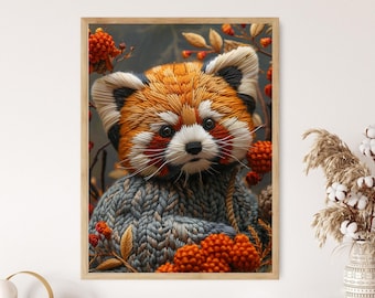 Roter Panda Stickerei Kunstdruck, Tierstickerei Stickrahmen