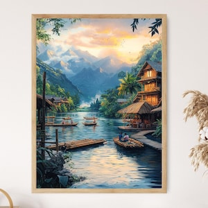 Impresión artística de Laguna Village, póster de tradiciones filipinas, ilustración de escena de vías fluviales