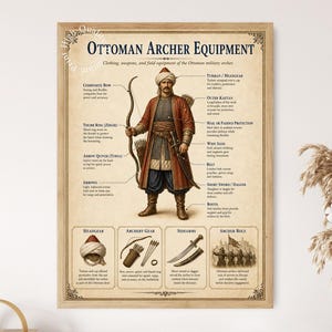 May include: A framed educational poster titled Ottoman Archer Equipment, featuring a central illustration of an archer in traditional attire with labeled components like a composite bow, turban, kaftan, mail, sash, belt, sword, and leather boots.