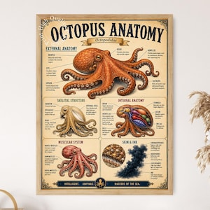 Peut inclure: Une affiche éducative encadrée intitulée Octopus Anatomy présentant des illustrations détaillées d'un poulpe, sa structure squelettique, ses organes internes, son système musculaire et sa peau, avec des étiquettes scientifiques en noir.