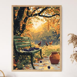 May include: A framed painting depicts a serene autumn scene. A green bench laden with dark berries sits beneath a tree with golden leaves. Chickens graze nearby, and a brown jug rests on a path. The artwork evokes a peaceful, rural setting.