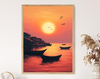 ナイジェリア女性の夕日のアートプリント、伝統的なアフリカのドレス