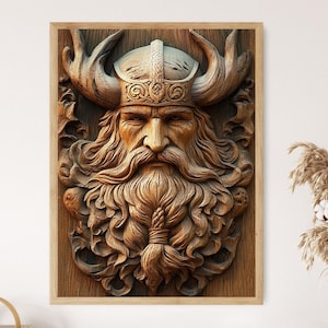 Odin Wood Carving Style Painting, Norse Mythology Art Print, Viking God Poster, Scandinavian Pagan Wall Art, Nordic Heritage Décor