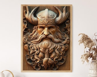 Odin Wood Carving Art Print: Norse Mythology, Viking God