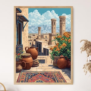 May include: A painting of a rooftop scene in a Middle Eastern city. The painting features terracotta pots, a colorful rug, and two tall towers in the background.