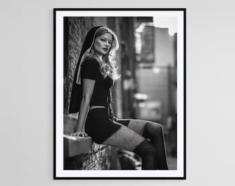 Nun in Fishnet Stockings Art Print: Gothic Surreal Photography