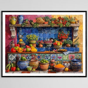 May include: A colorful still life painting of a kitchen counter with a variety of fruits, vegetables, and pottery. The counter is tiled with blue and white tiles, and the background is a vibrant red and yellow.
