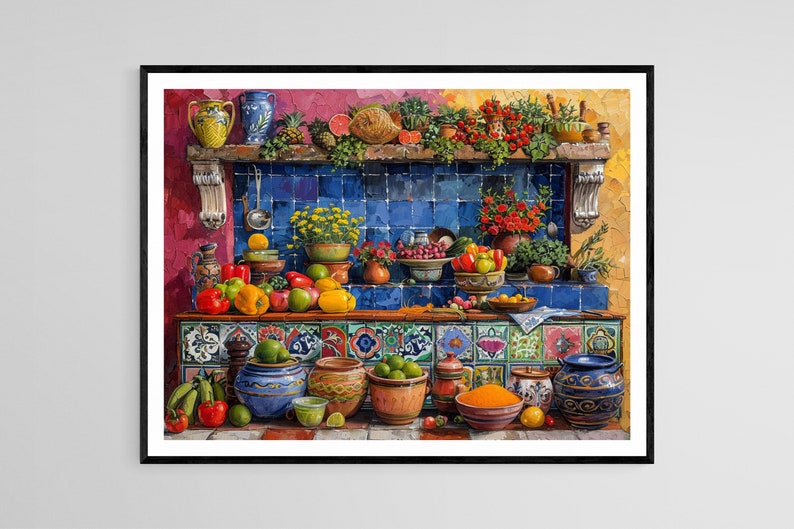 May include: A colorful still life painting of a kitchen counter with a variety of fruits, vegetables, and pottery. The counter is tiled with blue and white tiles, and the background is a vibrant red and yellow.