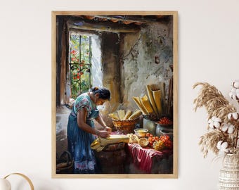 May include: A woman in a blue and green dress is preparing food in a rustic kitchen. She is surrounded by baskets of produce, including tomatoes, onions, and herbs. The kitchen is decorated with a wooden table and a window with a view of a garden.