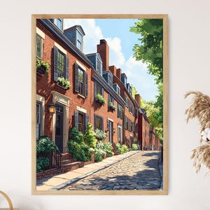 May include: Framed print of a watercolour painting showing a row of red-brick townhouses with black shutters and doors. The street is cobbled, and the sky is blue with clouds. Green trees and shrubbery add colour to the scene.